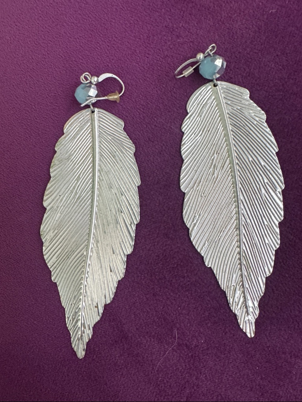 Silver Leaf Drop Earrings with Blue Bead
